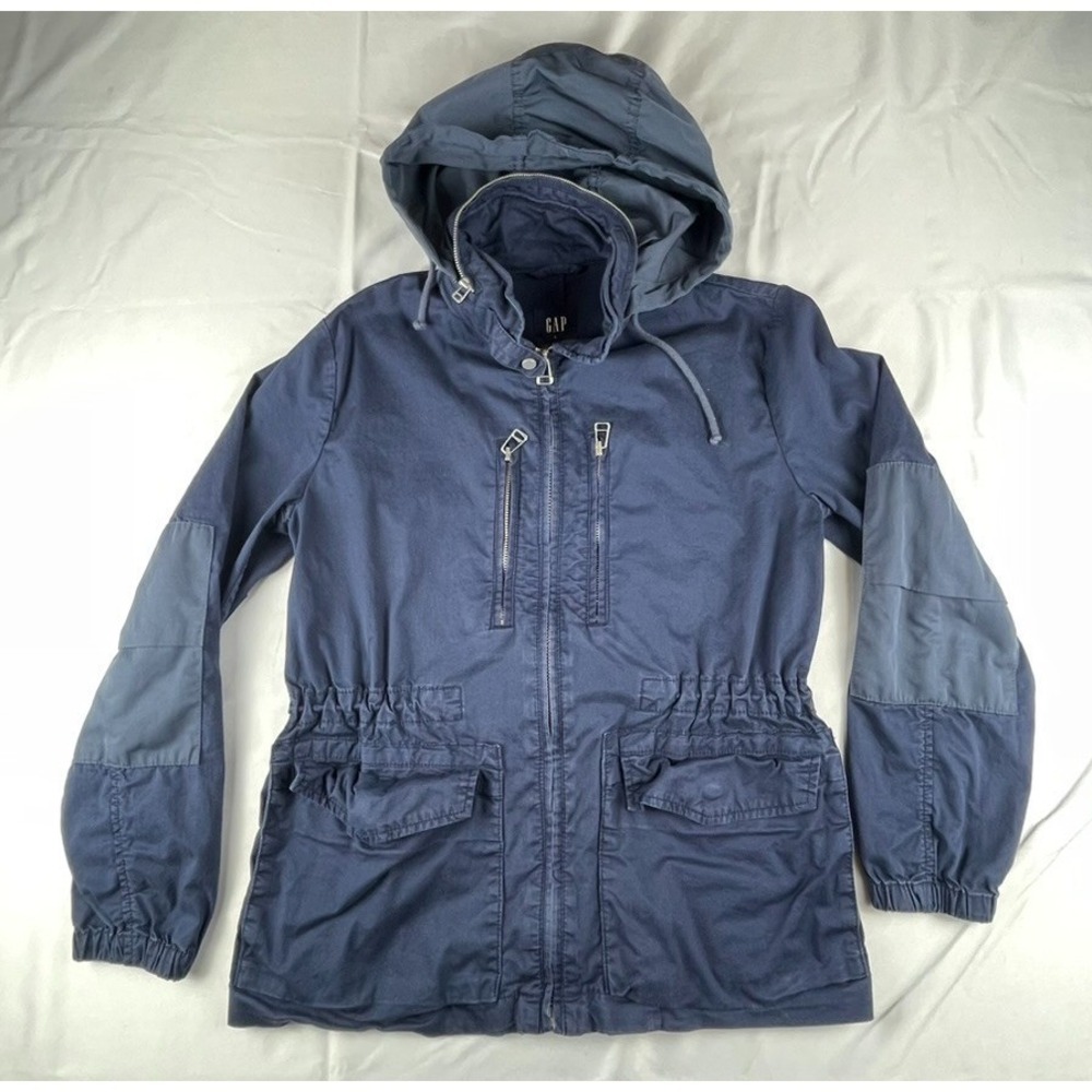 GAP WOMENS HOODED UTILITY‎ JACKET BLUE DRAWSTRING WAIST ZIP FRONT SIZE SMALL